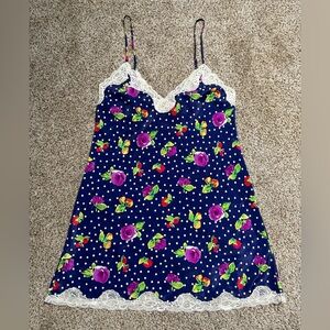Vintage Victorias Secret Gold Label Lace Floral Navy Polka Dot Slip Dress Size M